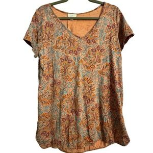 J.Jill Paisley V Neck T Shirt Womens Medium Petite Peach Floral Boho Minimalist